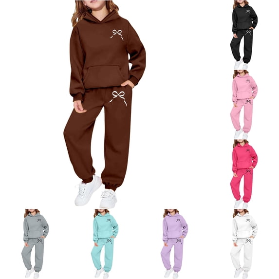 RMGVDSD Girls Sweatsuit 2 Piece Casual Bow Print Hoodie Sweatshirts and Jogger Pants Tracksuit Sets Fashion Fall Outfits Comfy Daily Wear 6-7 Years