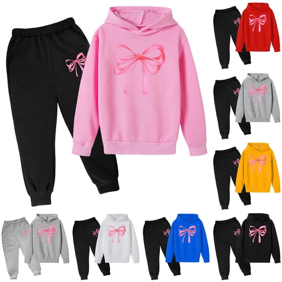 RMGVDSD Girls Sweatsuit 2 Piece Casual Outfits Bow Printed Hoodie Sweatshirts and Sweatpants with Pockets Fall Winter Fashion Jogger Sets 7-8 Years