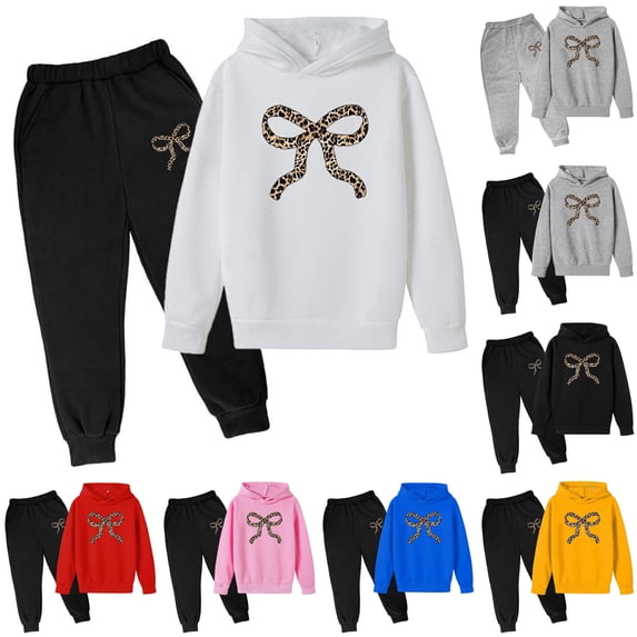 RMGVDSD Girls Sweatsuit 2 Piece Outfits Casual Bow Printed Hoodie Sweatshirts and Sweatpants Fall Winter Fashion Jogger Sets Daily Wear 3-4 Years