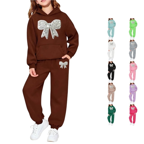 RMGVDSD Girls Sweatsuit Fall Bow Print Hoodie Sweatshirt Pants Set with Pockets Casual Two Piece Outfit Comfortable Stylish Clothing