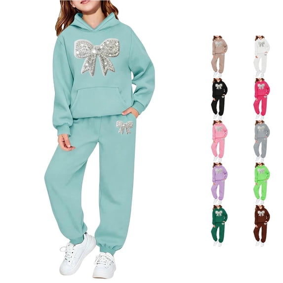 RMGVDSD Girls Sweatsuit Fall Bow Print Hoodie Sweatshirt Pants Set with Pockets Casual Two Piece Outfit Comfortable Stylish Clothing