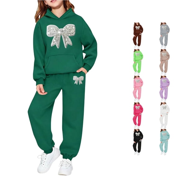 RMGVDSD Girls Sweatsuit Fall Bow Print Hoodie Sweatshirt Pants Set with Pockets Casual Two Piece Outfit Comfortable Stylish Clothing
