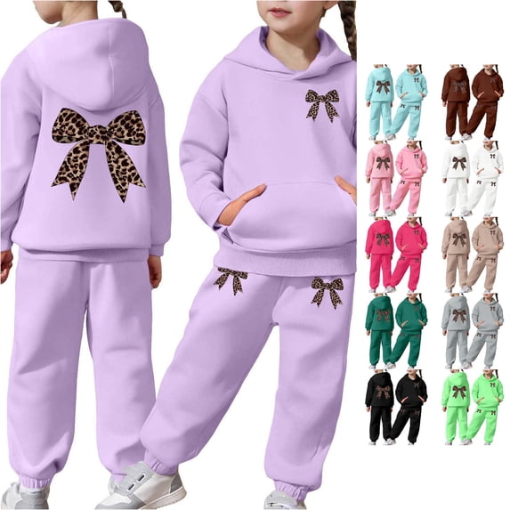 RMGVDSD Girls Sweatsuit Sets Bow Print Hoodie Sweatshirts Long Sleeve Pullover Tops Sweatpants 2 Piece Sweat Suits Fall Winter Outfits 2-3 Years