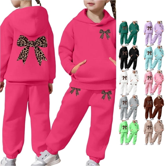 RMGVDSD Girls Sweatsuit Sets Bow Print Hoodie Sweatshirts Long Sleeve Pullover Tops Sweatpants 2 Piece Sweat Suits Fall Winter Outfits 6-7 Years