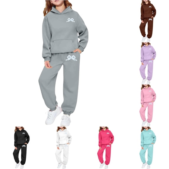 RMGVDSD Girls Sweatsuits Set Fashion Bow Print Hoodie Sweatshirts and Jogger Pants Back To School Outfits Casual Kids Fall Clothing Sets 10-11 Years