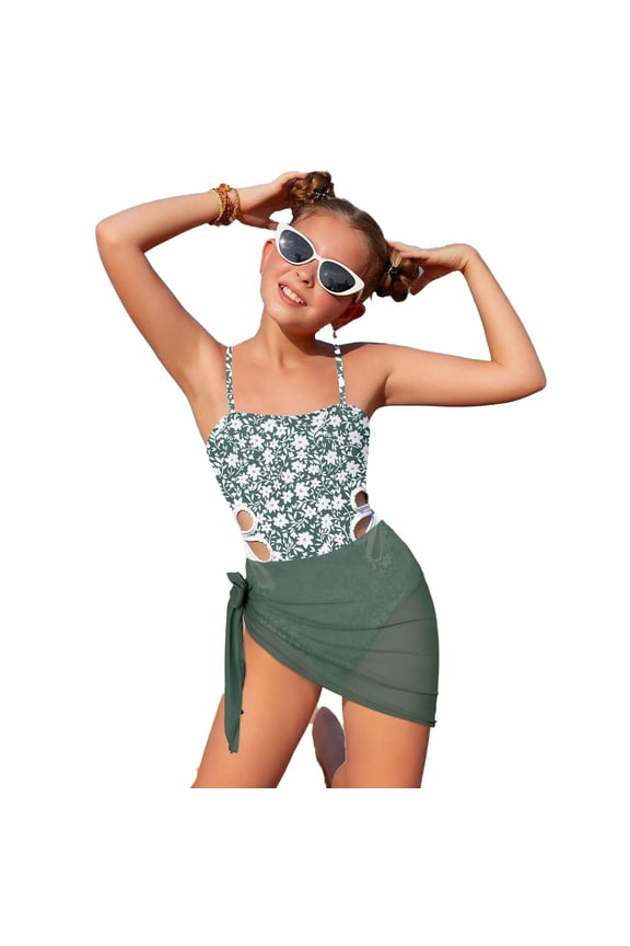 Girls Swimsuit One Piece Bathing Suit Hollow Out Adjustable Straps Swimwear With Cover Up Skirt Solid Color Summer Beachwear Stylish Summer Swimwear