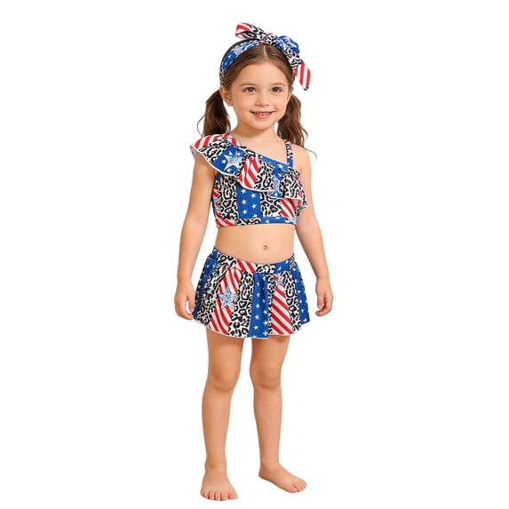 RMGVDSD Girls Swimsuit Sets Girls 4Th Of July 1 Shoulder Swimsuits Kids Two Piece Bathing Suits Independence Day Ruffle Beach Swimwear 18-24 Months