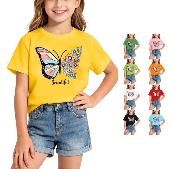 RMGVDSD Girls T Shirts Butterfly Print Short Sleeve Round Neck Tshirts Soft Summer Tees Tops for Kids Graphic T-Shirt 10-12 Years