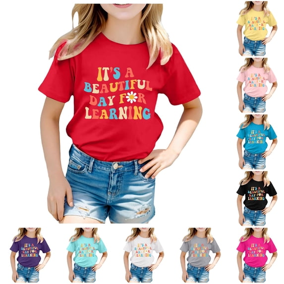 RMGVDSD Girls T Shirts Kids School Season Back To School Shirt Graphic Tshirts Casual Letter Print Short Sleeve T Shirt Tops 6-7 Years