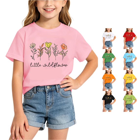 RMGVDSD Girls T Shirts Short Sleeve Casual Summer Tops Soft Crewneck Tees for Kids Graphic T-Shirt Comfort Fit Tshirts 4-6 Years