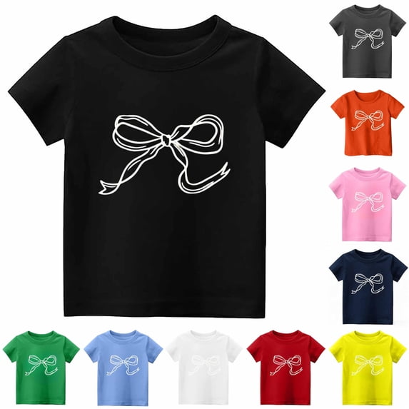 RMGVDSD Girls T Shirts Summer Short Sleeve Tops for Kids Bow Print Tshirt Lightweight Casual Tee Shirts Fashion Clothes 3-4 Years