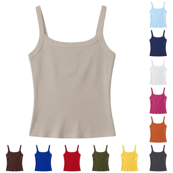 RMGVDSD Girls Tank Tops Spaghetti Strap Sleeveless Camisole Undershirts Solid Color Ribbed Knit Casual Basic Cami Tops for Kids 13-14 Years