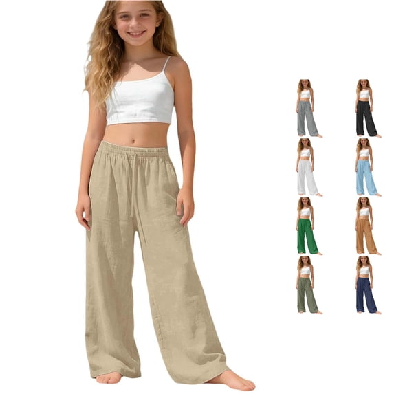 RMGVDSD Girls Wide Leg Pants Stylish Casual Pants for Girls Everyday Wear Elastic Waist Loose Fit Trousers Comfortable Back to School Pants 14-15 Years