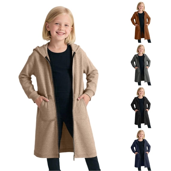 RMGVDSD Girls Zip Up Hoodies Long Tunic Sweatshirts Solid Color Long Sleeve Full Zip Fall Jackets with Pockets Lightweight Casual Jacket Kids Sweatshirt 6-7 Years