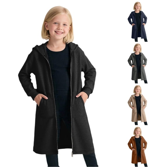 RMGVDSD Girls Zip Up Hoodies Long Tunic Sweatshirts Solid Color Long Sleeve Full Zip Fall Jackets with Pockets Lightweight Casual Jacket Kids Sweatshirt 8-10 Years