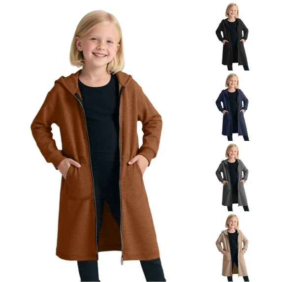 RMGVDSD Girls Zip Up Hoodies Long Tunic Sweatshirts Solid Color Long Sleeve Full Zip Fall Jackets with Pockets Lightweight Casual Jacket Leisure Sweatshirt 8-10 Years