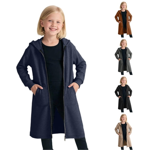 RMGVDSD Girls Zip Up Hoodies Long Tunic Sweatshirts Solid Color Long Sleeve Full Zip Fall Jackets with Pockets Lightweight Casual Jacket Versatile Tops 5-6 Years