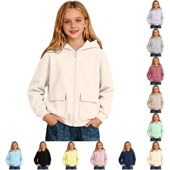 RMGVDSD Girls Zip Up Hoodies Solid Color Hooded Sweatshirt Jackets Pockets Fall Winter Loose Fit Casual Hoodie Coat for Children Versatile Cute Sweatshirt 7-8 Years