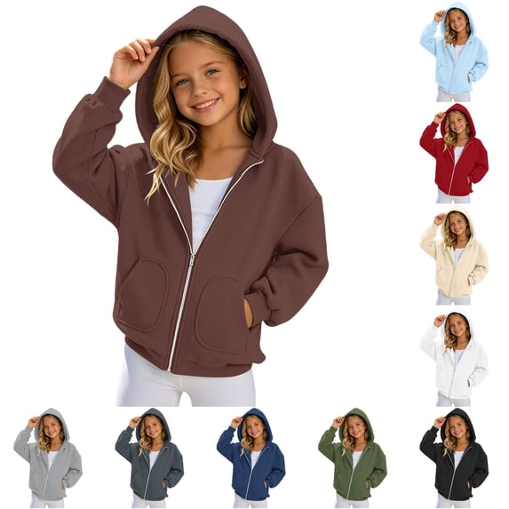 RMGVDSD Girls Zip Up Hoodies Solid Color Long Sleeve Full Zipper Hooded Sweatshirt Lightweight Jacket Casual Outerwear Hoodie Coat 6-7 Years