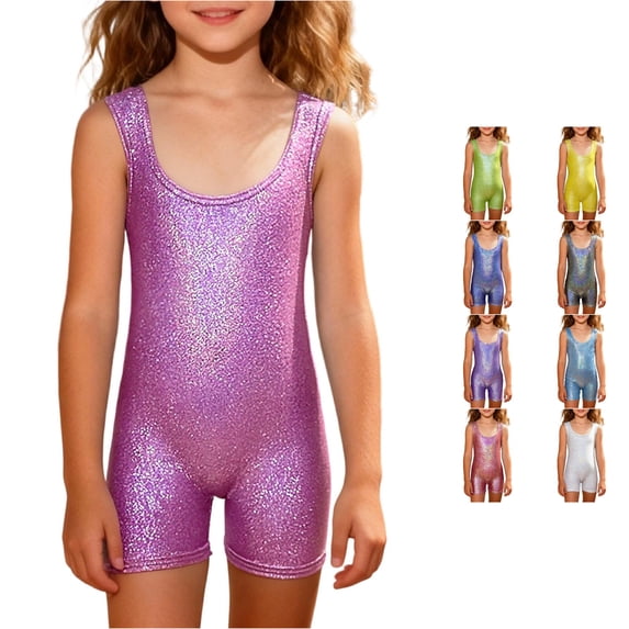 RMGVDSD Gymnastics Leotards with Shorts for Girls Sequin Tank Bodysuit Sleeveless Dance Leotard for Performance Stretch Fit Bodysuits 6-7 Years