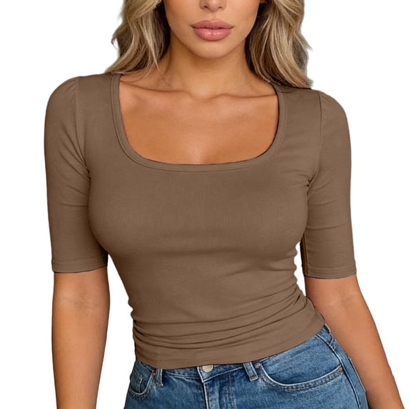 RMGVDSD Half Sleeve Tops for Women T Shirts Scoop Neck Slim Fit Casual T Shirt Tops Solid Color Comfy Basic Tees Trendy Going Out Tops Versatile Tee Blouse