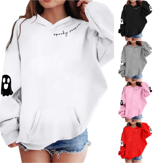 RMGVDSD Halloween Girls Hoodies & Sweatshirts Ghost Print Pullover Long Sleeve Hooded Sweatshirt Casual Tops for Kids Comfortable Wear Fashion Fall Tops 5-6 Years