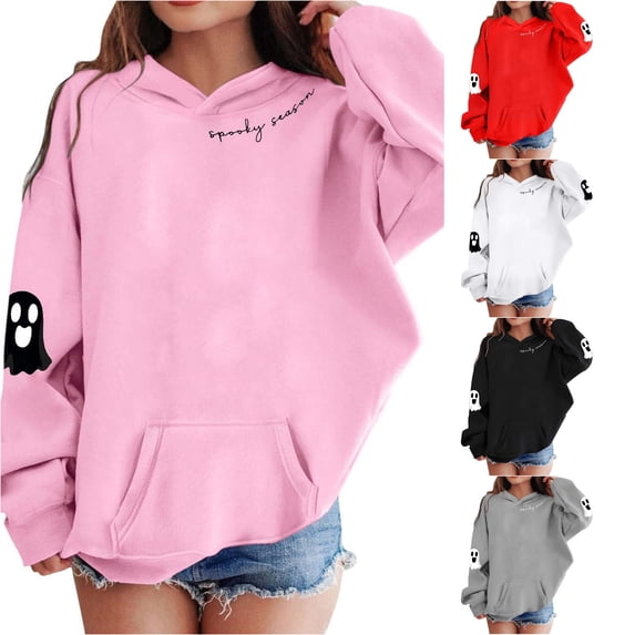 RMGVDSD Halloween Girls Hoodies & Sweatshirts Ghost Print Pullover Long Sleeve Hooded Sweatshirt Casual Tops for Kids Comfortable Wear Fashionable Top 9-10 Years