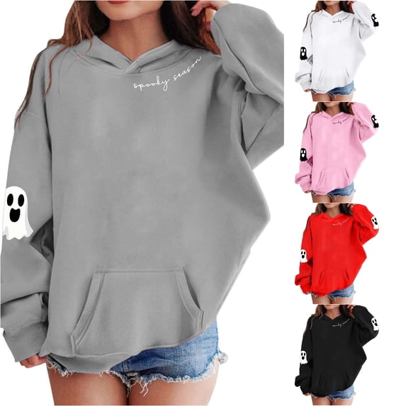 RMGVDSD Halloween Girls Hoodies & Sweatshirts Ghost Print Pullover Long Sleeve Hooded Sweatshirt Casual Tops for Kids Comfortable Wear Trendy Sweatshirt 3-4 Years