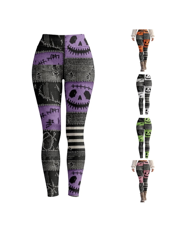 Halloween Leggings for Women Festival Printed High Waist Knit Leggings Stitched Patchwork Stretch Workout Pants Women Leggings,S