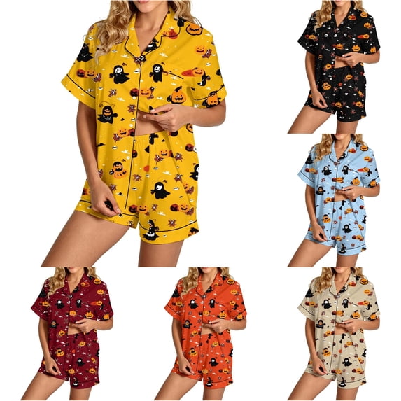 RMGVDSD Halloween Pajama Sets for Women Pumpkin Pajamas Cute Short Sleeve Button Down Loungewear with Shorts Soft Sleepwear Two Piece Set Nightwear