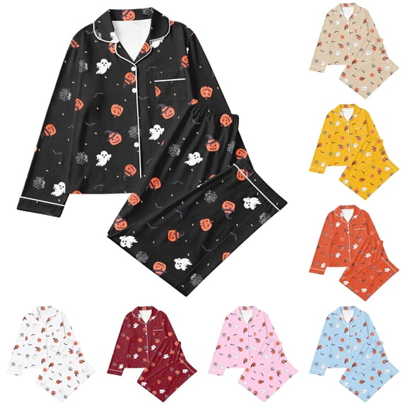 RMGVDSD Halloween Pajamas for Women Button Down Pajama Sets Fall Winter Long Sleeve Sleepwear Loungewear 2 Piece Soft Cute Clothes