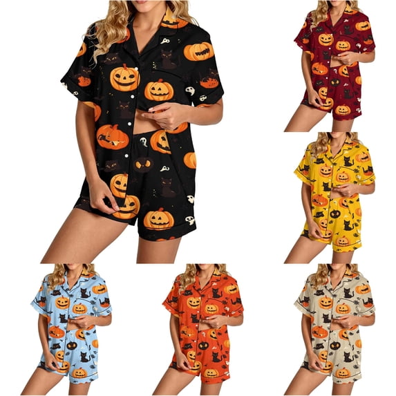 RMGVDSD Halloween Womens Pajama Sets Cute Print Pajamas Shorts Set, 2 Piece Button Down Loungewear, Short Sleeve Sleepwear Relaxed Fit Nightwear
