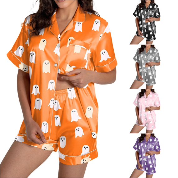 RMGVDSD Halloween Womens Pajamas Set Button Down 2 Piece Shorts Set Lapel Short Sleeve Sleepwear Holiday Pajama Sets for Daily Loungewear
