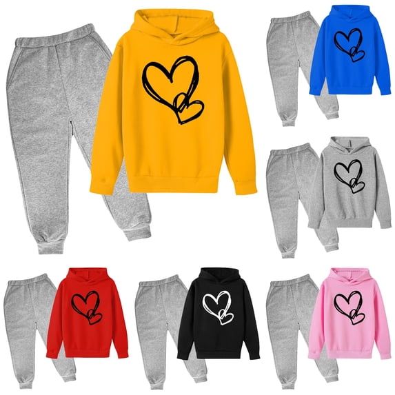 RMGVDSD Hoodie Set for Girls Sweatsuits 2 Piece Outfits Heart Print Hoodie Sweatshirts and Sweatpants Fashion Jogger Sets Preppy Clothes 13-14 Years