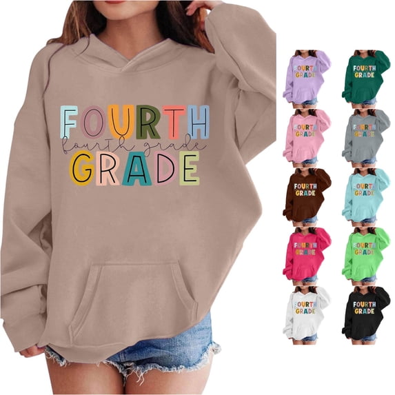 RMGVDSD Hoodies for Girls Back To School Hooded Sweatshirts Letter Print First Day Of School Hoodie Pullover Tops Loose Fit Trendy Clothes Comfy Sweatshirt 3-4 Years