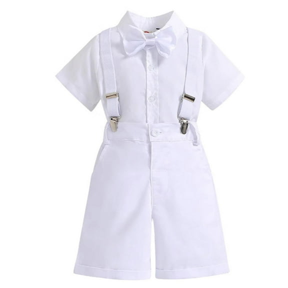RMGVDSD Baby Boys Pants Sets Toddler Gentleman Outfits Boys Short Sleeve Formal Dress Shirt With Bowtie Suspender Shorts Outfits 3-4 Years