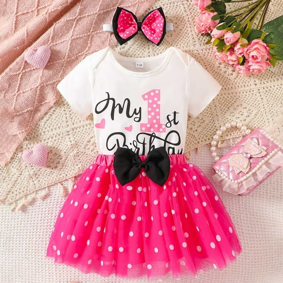 RMGVDSD Infant Baby Girls My 1St Birthday Outfits Letter Print Short Sleeve Romper Onesie A-Line Tutu Skirt With Headband Clothes Set Trendy Spring Clothes