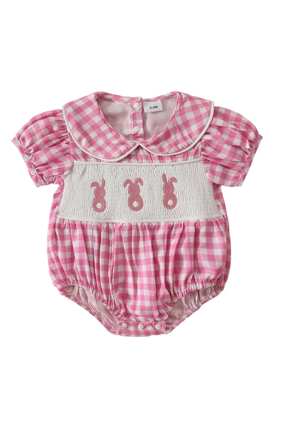 Baby Girls Easter Outfit Bunny Embroidery Bubble Romper Collared Short Sleeve Plaid Bodysuit Onesie Cute Summer Clothes 0-3 Months
