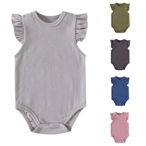 RMGVDSD Infant Baby Girls Ruffle Sleeve Bodysuit Solid Color Casual Plain Romper Onesie Newborn Baby One-Piece Outfits Summer Clothes 0-3 Months