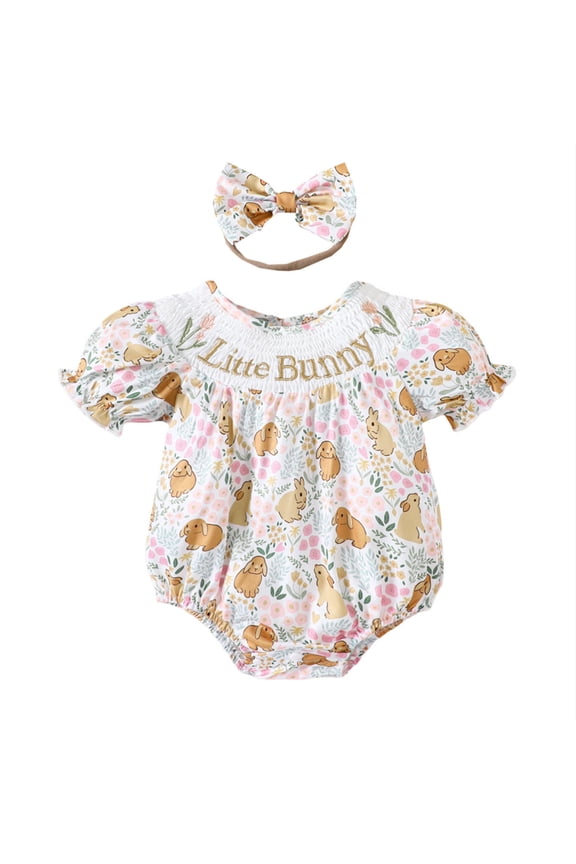 Infant Girls Easter Outfit Cartoon Bunny Print Smocked Puff Sleeve Bubble Romper Short Sleeves Newborn Bodysuits Headband Set 0-3 Months