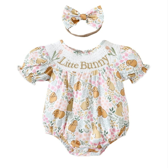 RMGVDSD Infant Girls Easter Outfit Cartoon Bunny Print Smocked Puff Sleeve Bubble Romper Short Sleeves Newborn Bodysuits Headband Set 6-12 Months