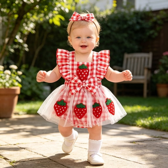 RMGVDSD Infant Girls Fly Sleeve Romper Bodysuits Plaid Dress Headband Set Strawberry Ruffle Sleeveless Romper Tutu Dress Summer Outfit