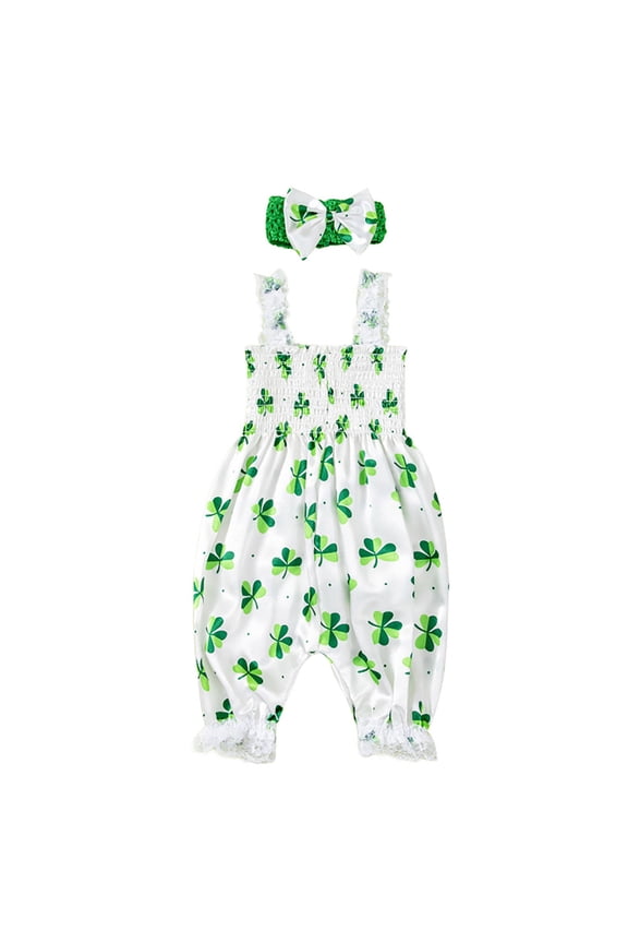 Toddler Baby Girl Romper St. Patrick's Day Jumpsuit Clover Print Sleeveless One Piece Jumpsuits With Headband Spring Clothes 12-24 Months