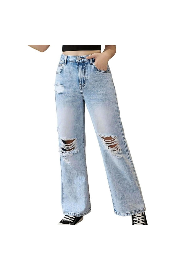 Jeans For Girls Baggy Wide Leg Ripped High Waisted Denim Pants Big Girls Distressed Jeans For Teenagers Casual Loose Fit Trousers Soft Comfortable 11-12 Years