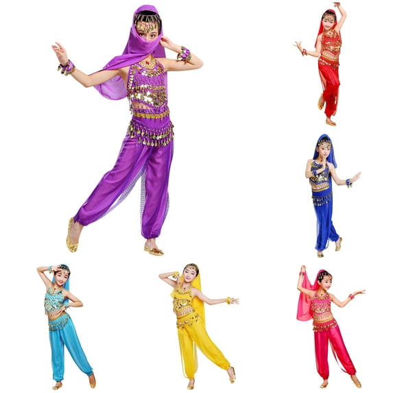 RMGVDSD Kids Belly Dance for Girls Halloween Performance Sets Sleeveless Halter Tops Mesh Pants Set Christmas Carnival Outfits