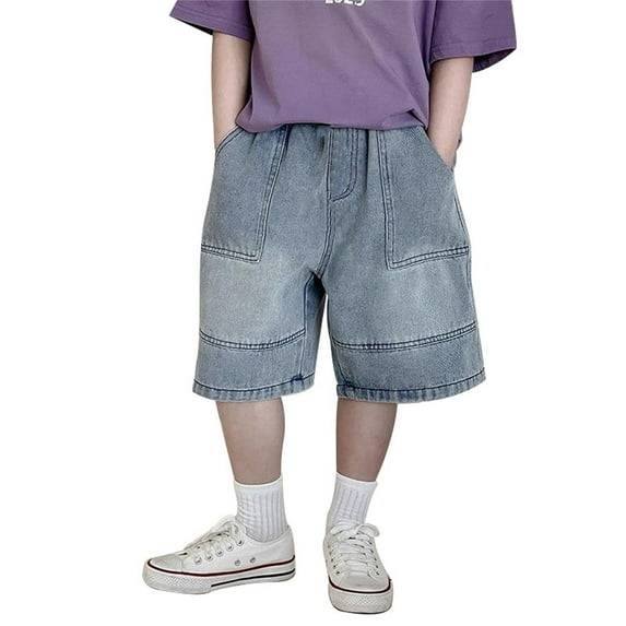 RMGVDSD Kids Boys Denim Shorts Boy's Casual Straight Leg Jeans Wide Leg Loose Denim Shorts Trendy Summer Shorts With Pockets Streetwear 7-8 Years/Blue