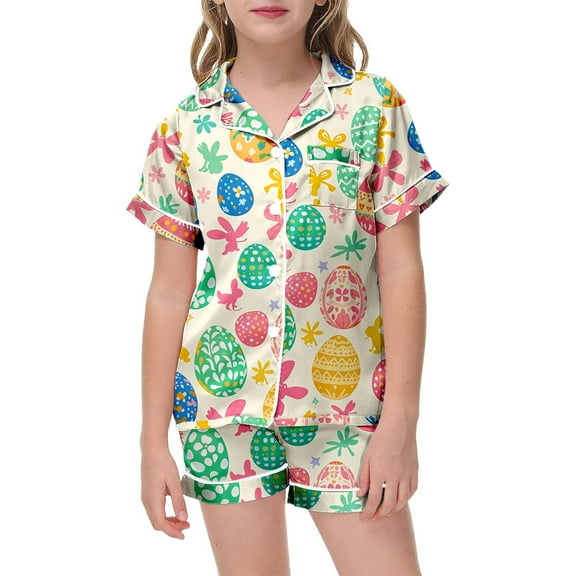 RMGVDSD Kids Girls Boys Pajamas Kids Pajamas Children's Fashion Easter Print Button Down Short Sleeved Top Shorts Sleepwear Set Holiday Casual Home Wear