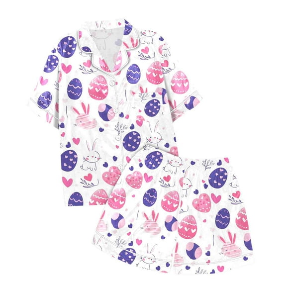 RMGVDSD Kids Girls Boys Pajamas Girls' Easter Print Short Sleeve Shorts Two Piece Pajama Set Button Down Sleepwear Set Homewear Comfy Summer Nightgown Pjs
