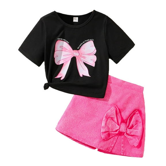 RMGVDSD Kids Girls Clothes Bowknot Print Short Sleeve T-Shirt And Bowknot 2 In 1 Denim Shorts Summer Clothing Set Summer Matching Outfits 10 Years