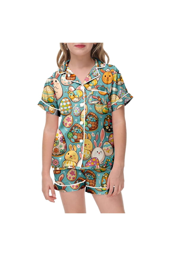 Kids Girls Easter Pajamas Children's Fashion Easter Print Button Down Collar Short Sleeved Top Shorts Pajamas Set Soft Nightwear Nightgown